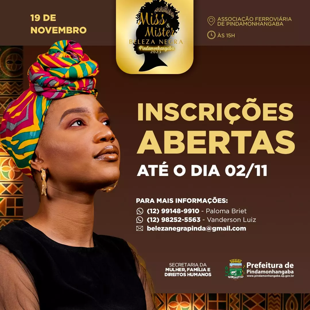 Inscrições para Concurso Miss e Mister Beleza Negra Pindamonhangaba 2023 abertas até dia 2